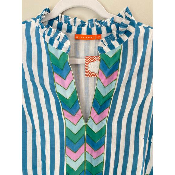 OLIPHANT Tuckernuck Playa Blue Striped Yoke Mini Dress Flirty Flare Cotton XL - Picture 10 of 14